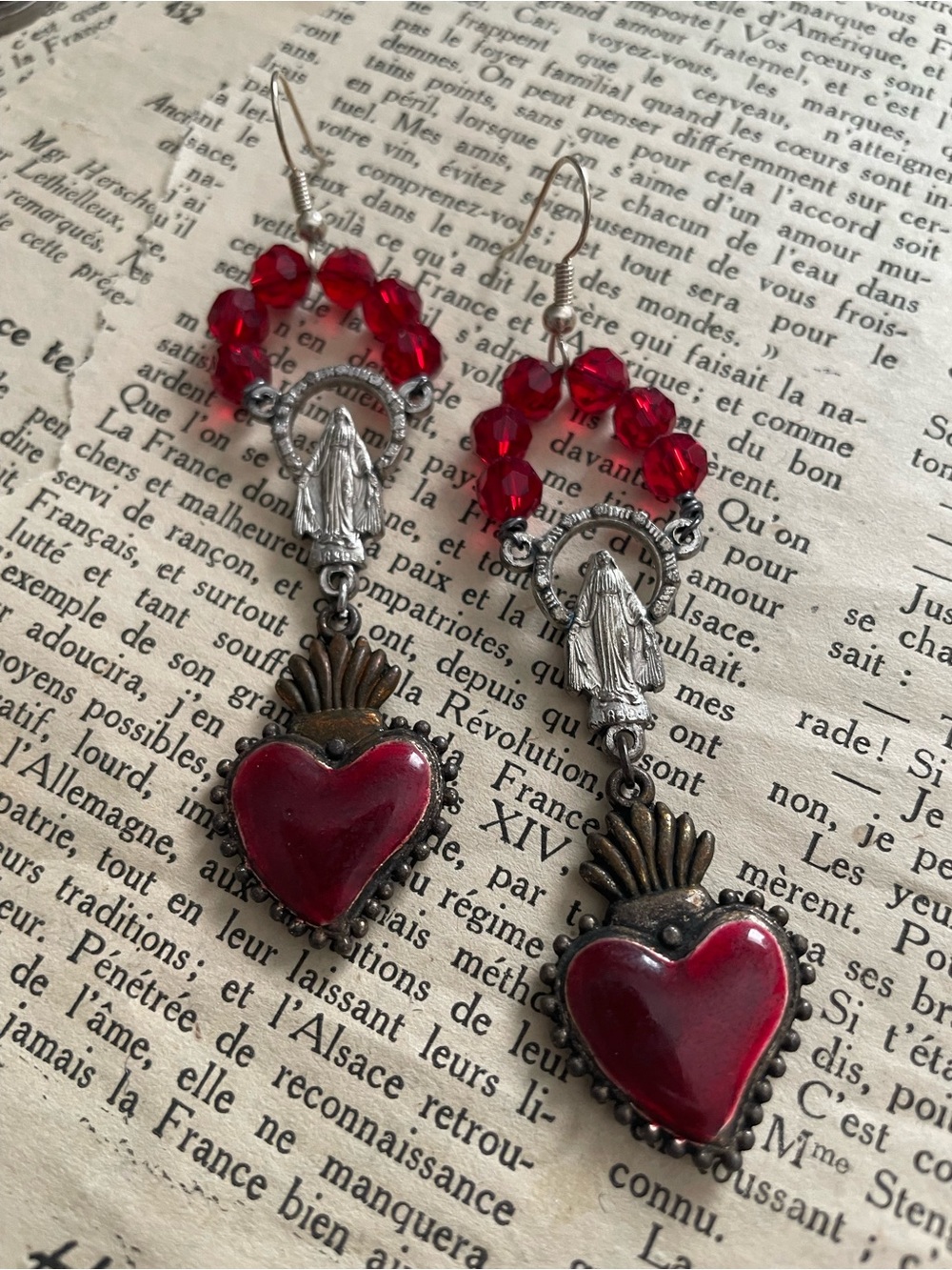 Artisan Red Sacred Heart Dangle Earrings with Silver-Tone Rosary Center